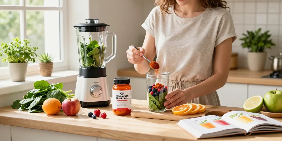Vegan astaxanthin supplement featured in a fresh smoothie preparation scene, highlighting health and wellness.
