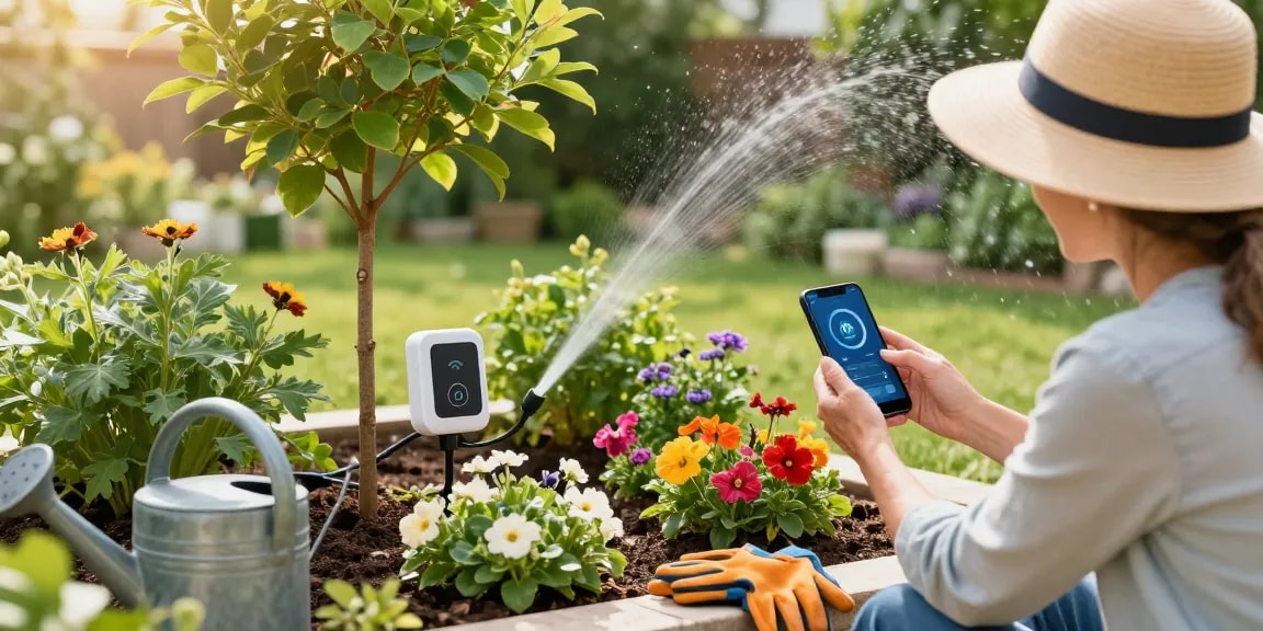 wifi sprinkler controller in use by a homeowner in a flourishing garden setting, showcasing efficient plant care.
