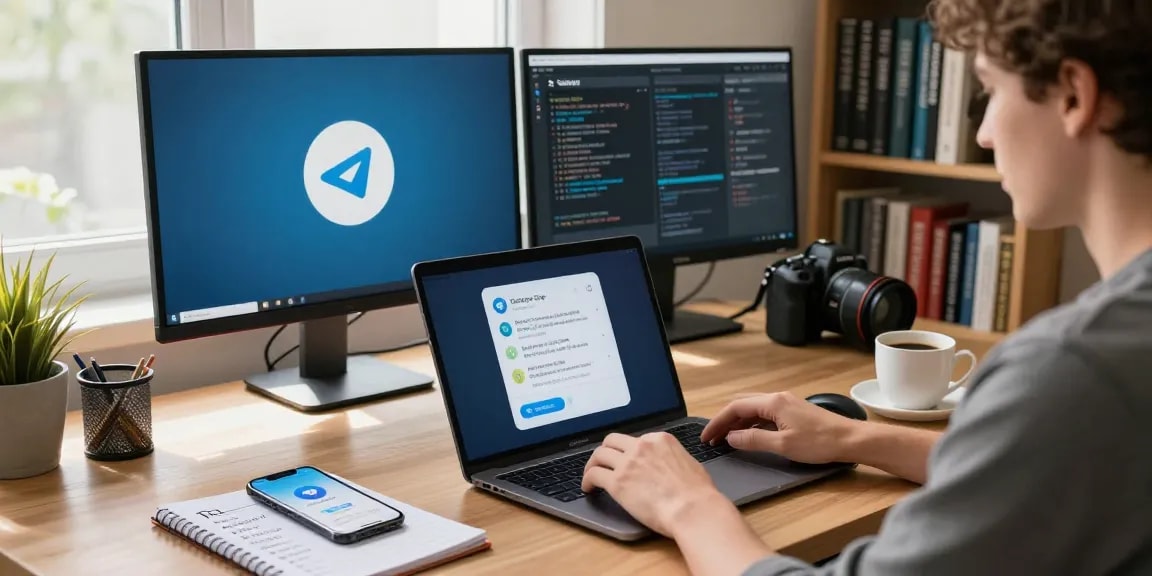 使用telegram 下载的桌面环境，显示通知的手机和聊天提示的笔记本。