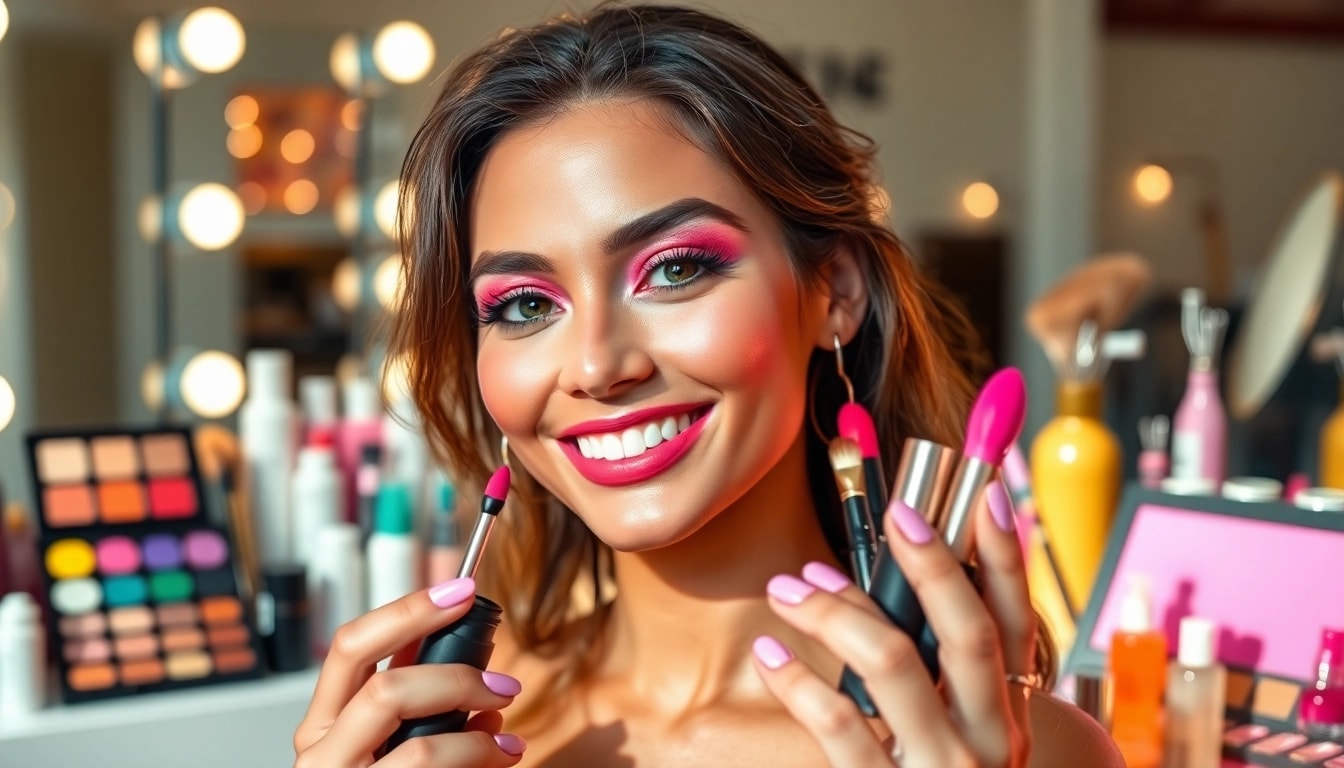 Explore makeup wholesale products displayed by a professional model in a vibrant beauty setting.