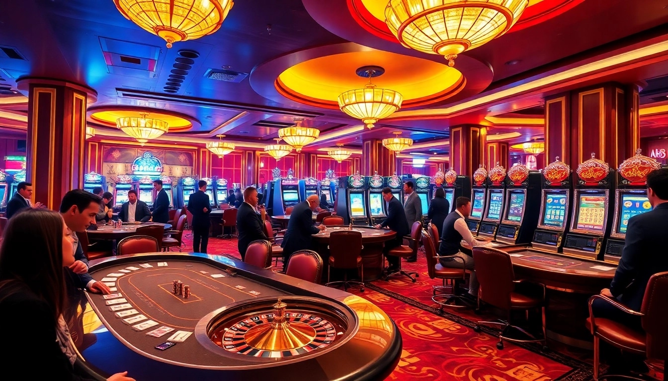 ABC8 casino scene with players at poker tables and roulette wheels, showcasing excitement.