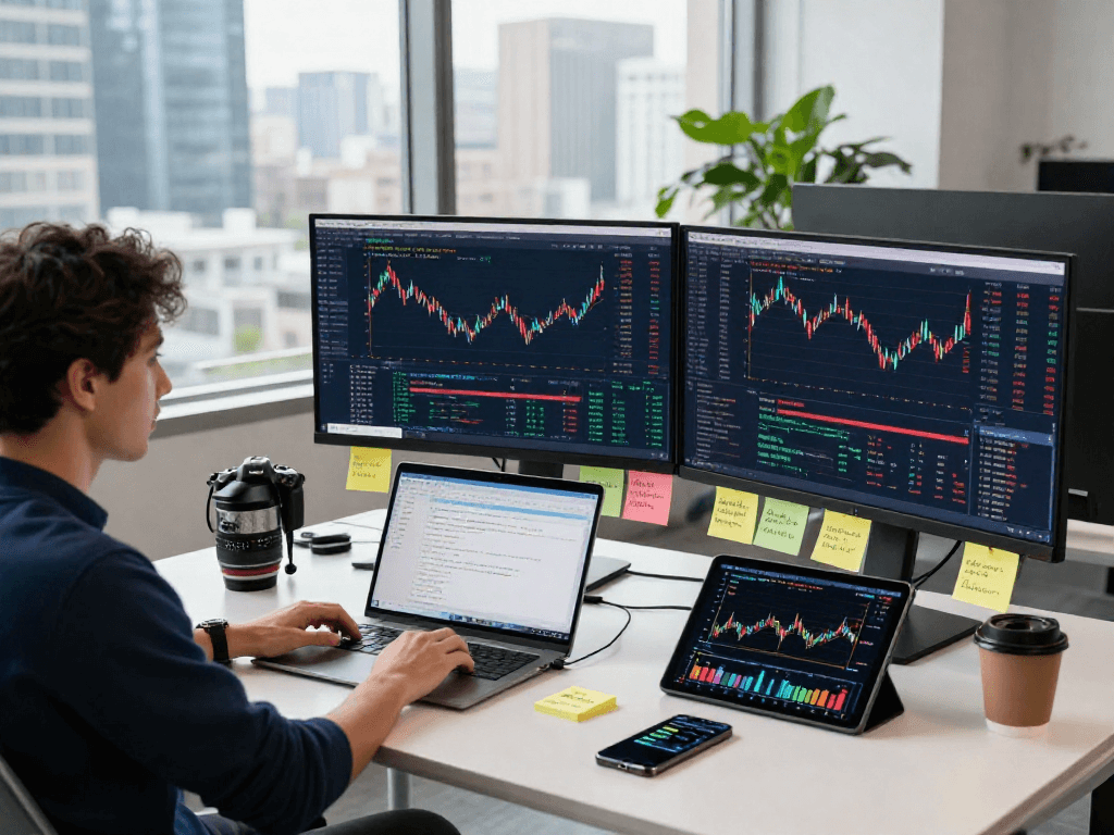 Utilizing a multi-ticker US stock batch API, a developer analyzes real-time market data in a modern financial workspace.