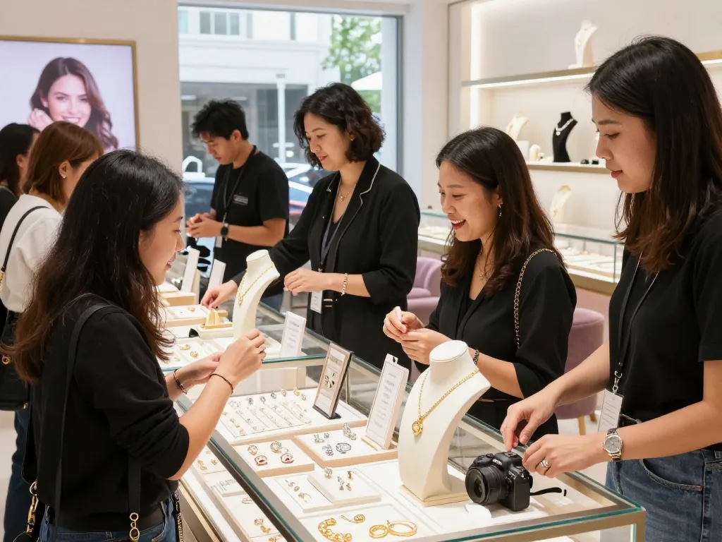 Customers enjoying a killer deal on exquisite jewelry at a stylish e-commerce retail store showcasing elegant designs.