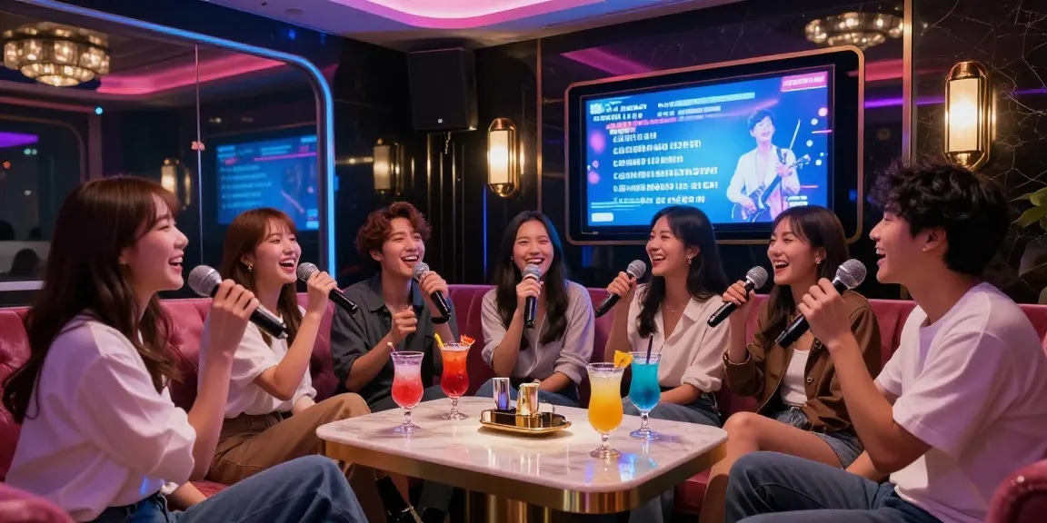 Experience vibrant fun at 강남 가라오케 with friends in a luxurious private room with neon lights and premium drinks.