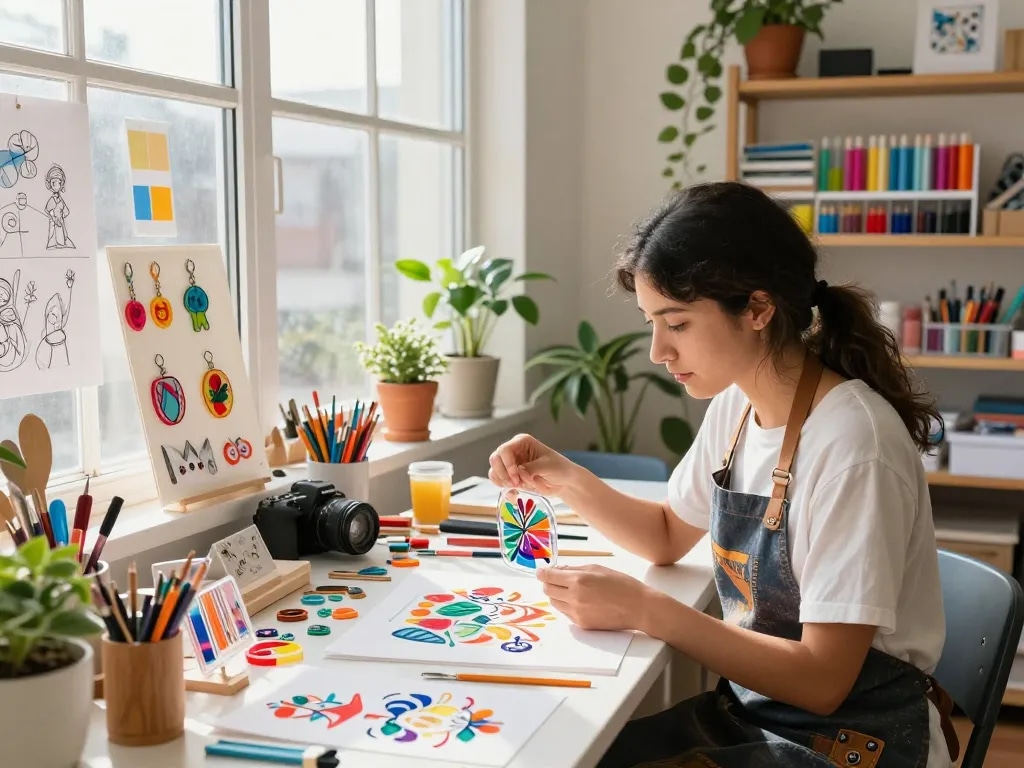 Artist crafting custom acrylic charms in a colorful workspace, showcasing vibrant designs and creativity.