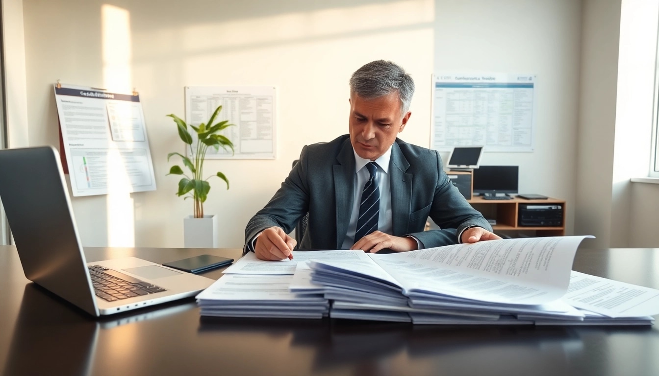 A compliance officer reviews FCPA/DCAA/Flowdown/ITAR/EAR compliance regulations in a modern office.