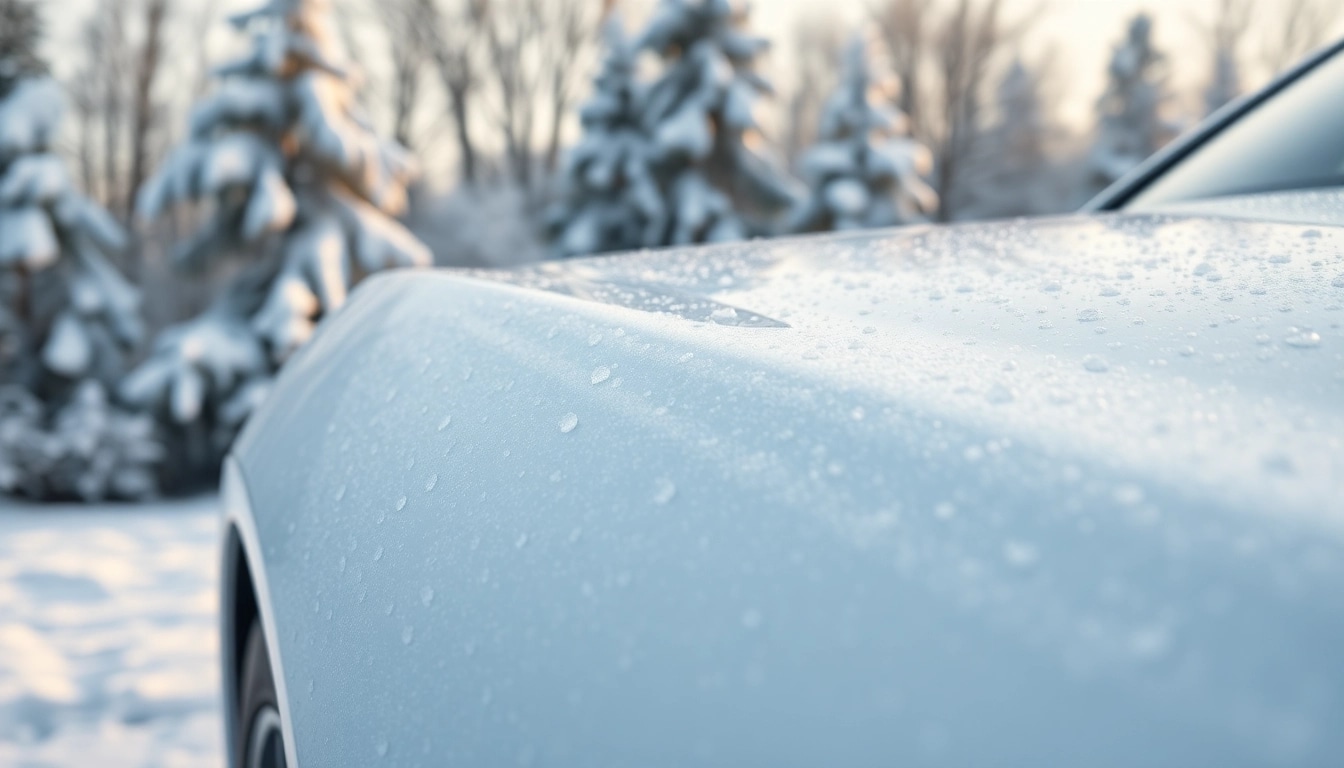 PPF winter road salt protection shown on a sleek vehicle in a winter setting.