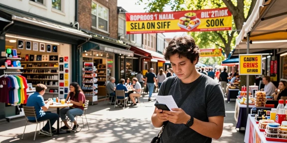 Urban shopping experience at https://forumup.org/shop/search.php?ca_id=&addr1=&addr2=&addr3=&schKeyword= bustling marketplace with people browsing stores.
