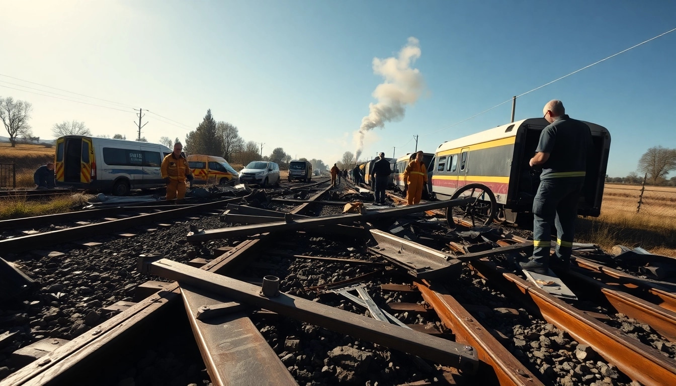Scene from the Spain train crash showing emergency responders aiding victims and assessing damage.
