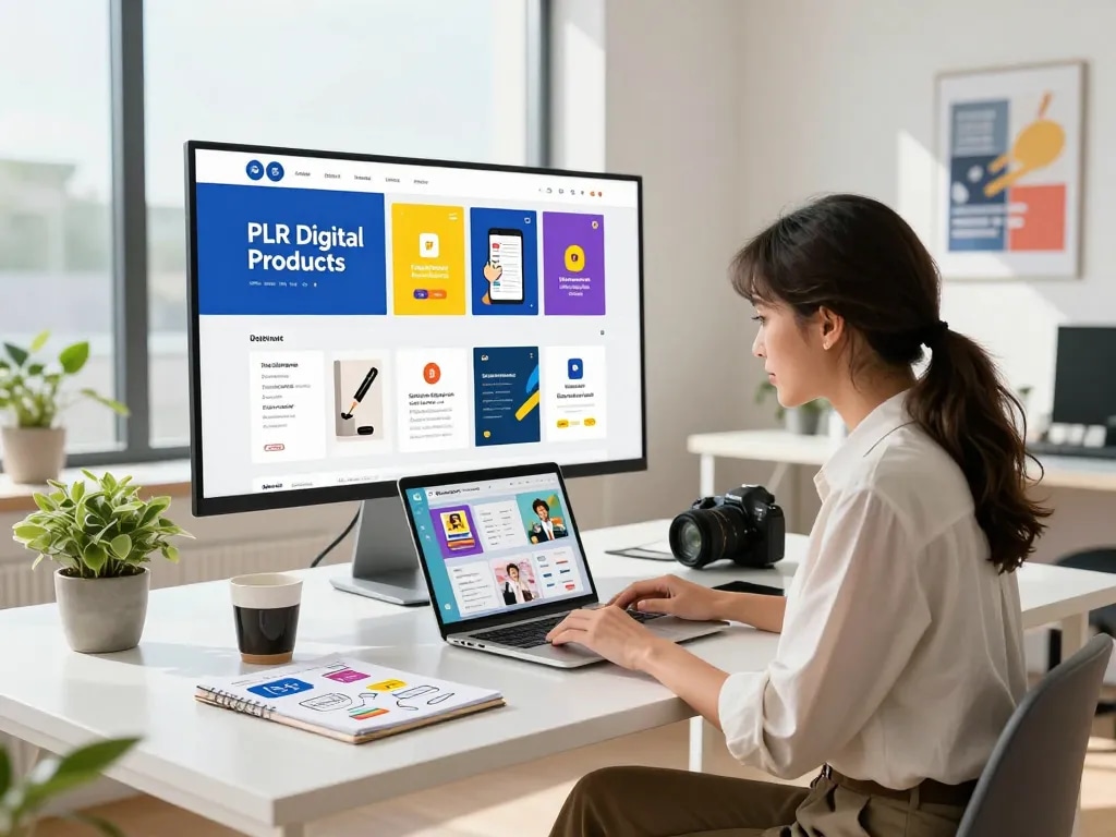 Engaging workspace showcasing PLR Digital Products for Sale with businesswoman analyzing digital marketing strategies.