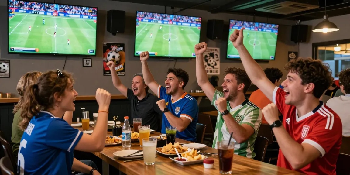 Exciting kora tv viewing experience in a vibrant sports bar with friends cheering.