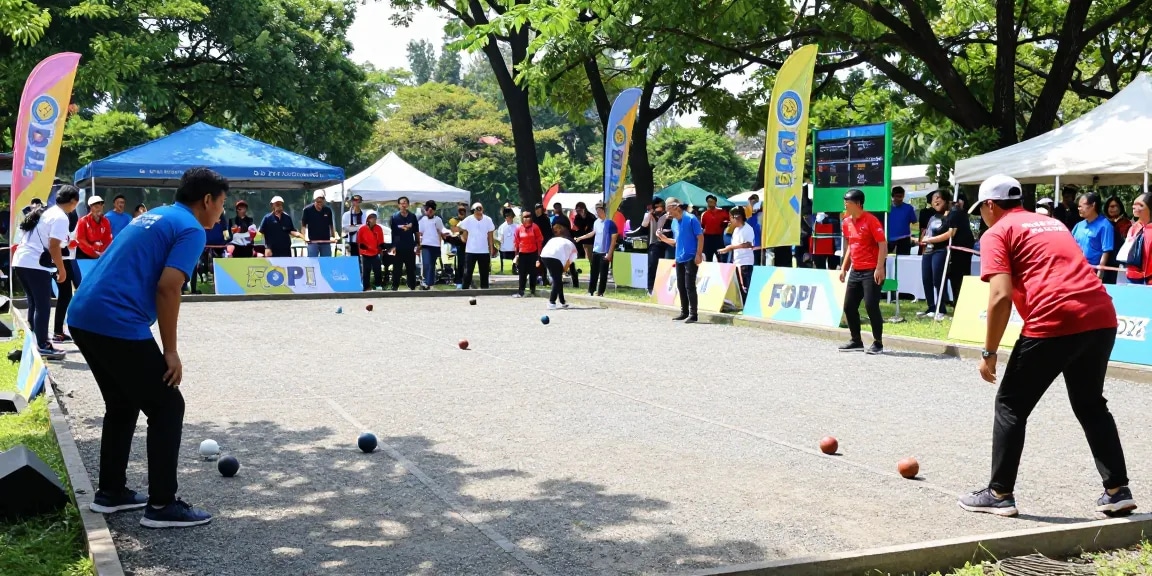 Turnamen petanque FOPI Kota Palu di taman yang ramai, memperlihatkan pemain dan penonton yang bersemangat.