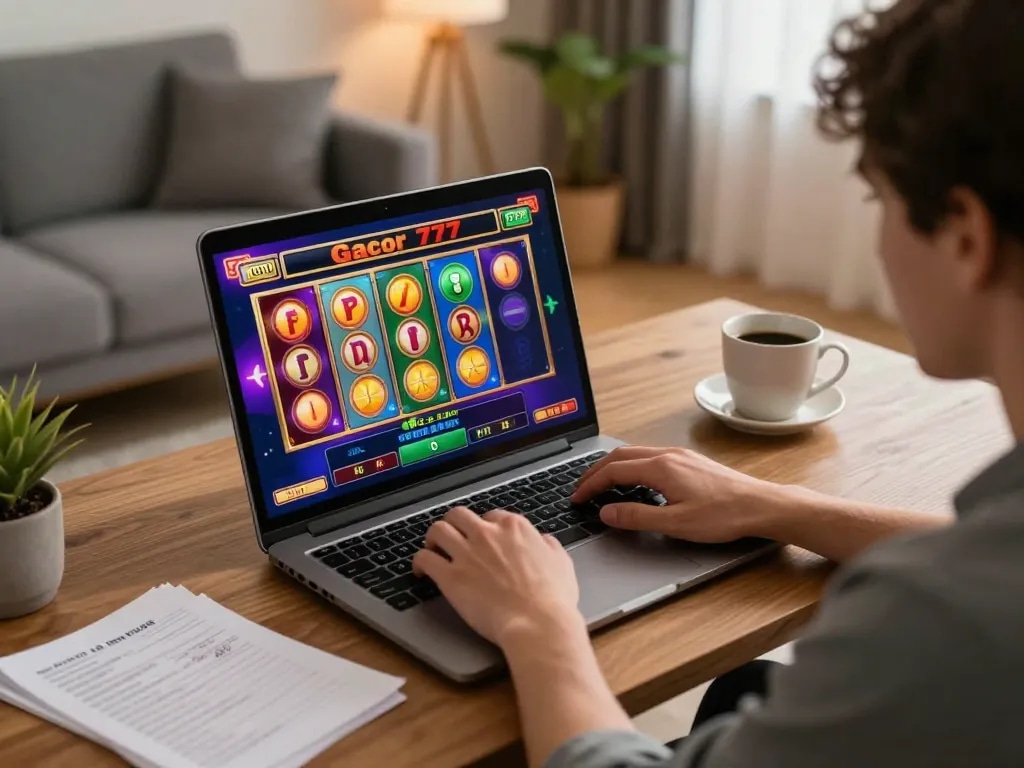 Engaging in slot gacor 777 gameplay on a laptop in a cozy home environment.