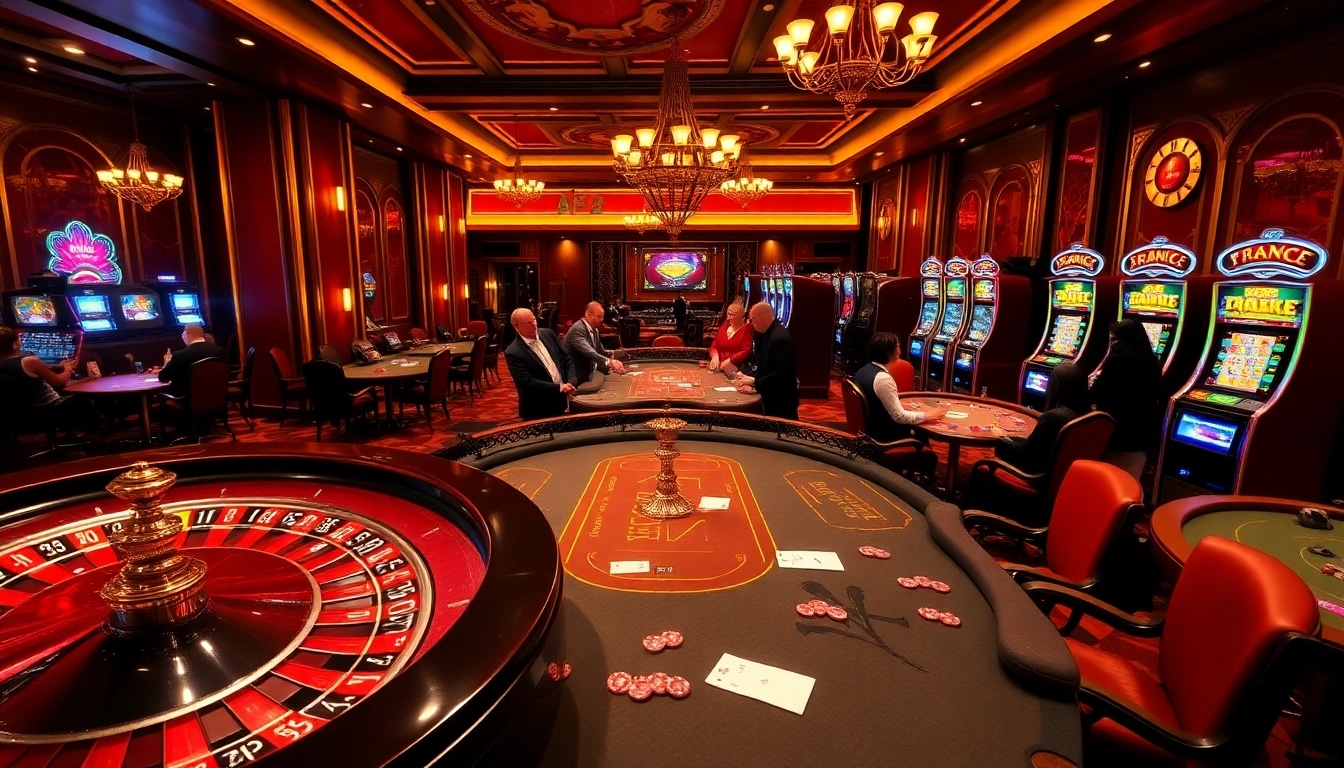 Ambiance excitante dans un casino en ligne France fiable avec des roues de roulette et des tables de poker.