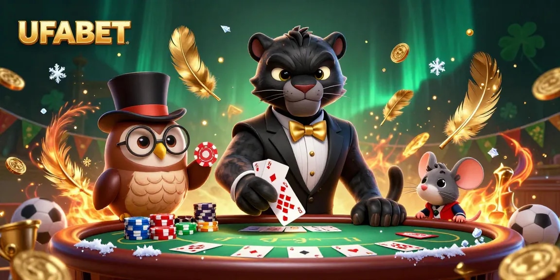 Experience thrilling entertainment at UFABET with a stylish black panther dealer in a vibrant casino atmosphere.