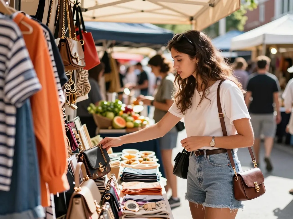 Shopping experience at https://hubet88.icu/ with a trendy woman exploring vibrant market stall filled with fashionable items.