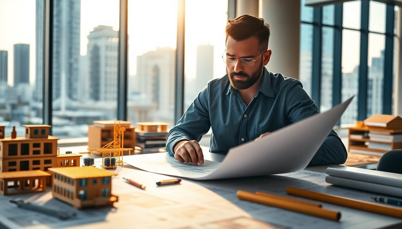 Construction developer analyzing blueprints in a modern office environment