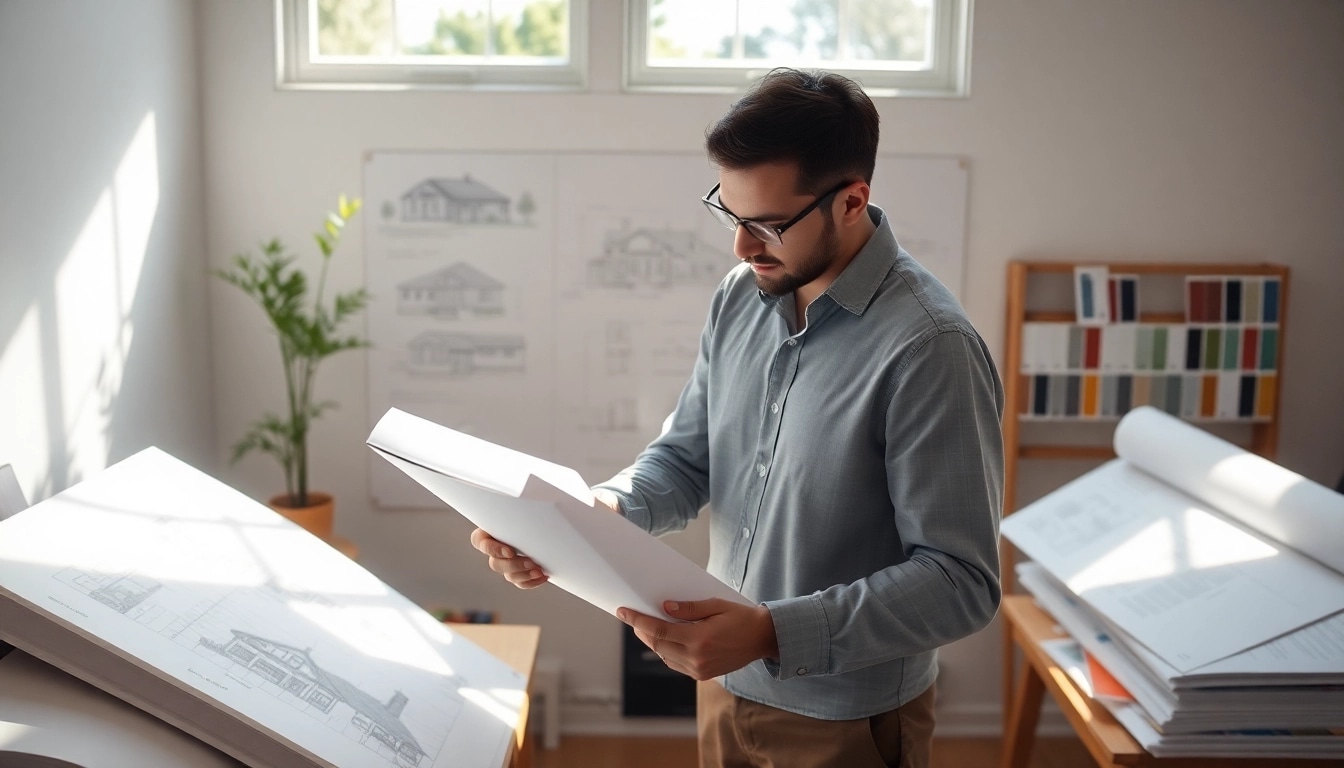 A New England residential architect designing eco-friendly homes in a sunlit studio.