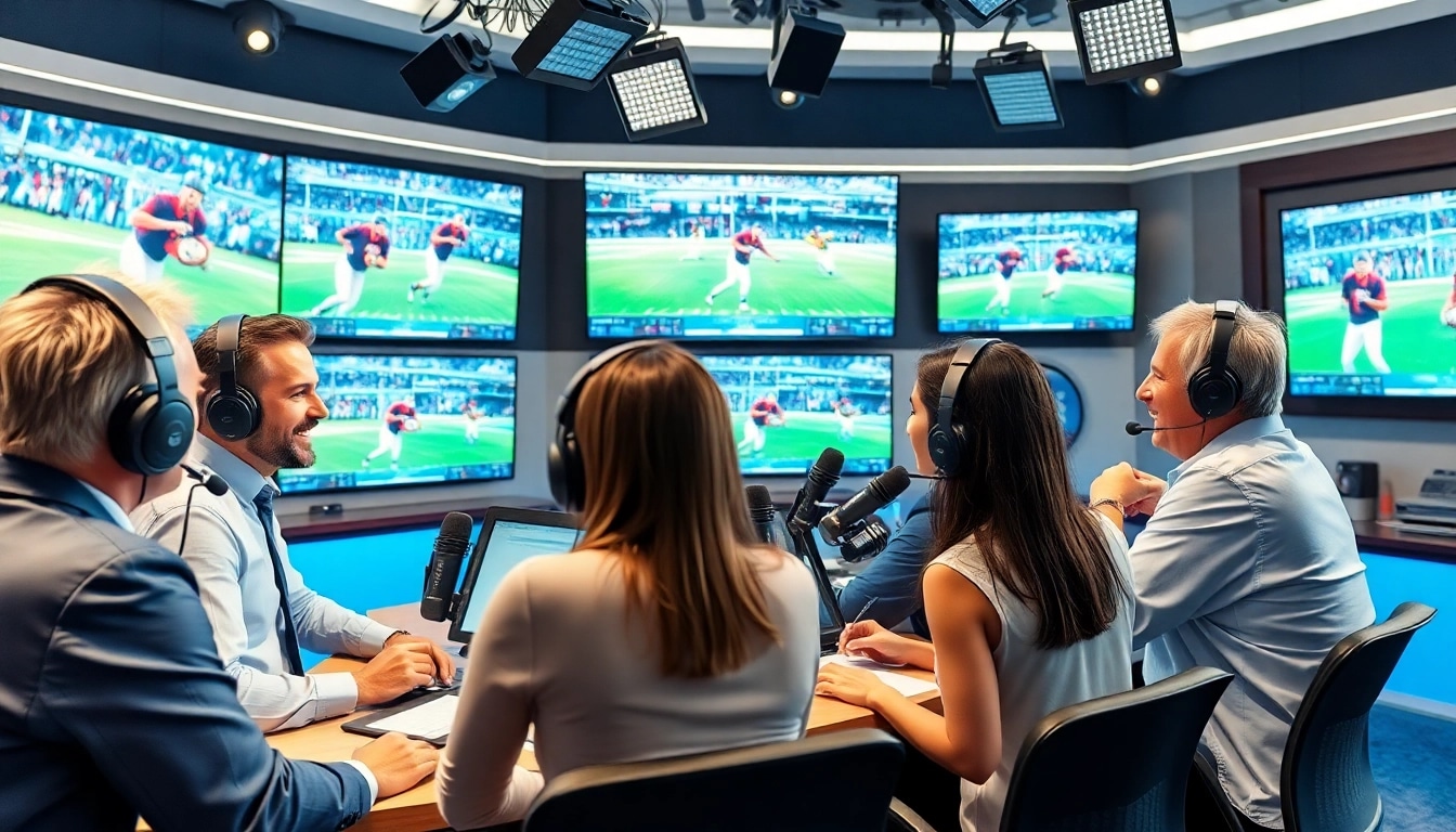 Engaging scene of sports broadcasting with broadcasters discussing live sports.
