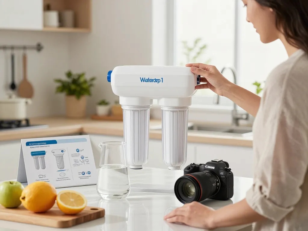 Inspecting Waterdrop EDR1RXD1 Replacement for Everydrop® Filter 1 in a bright kitchen, showcasing fresh water and modern appliances.