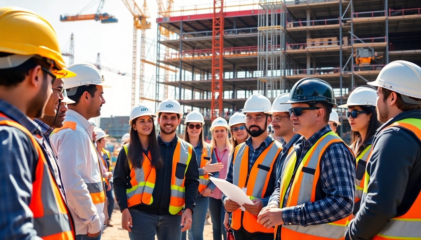 Participants engaging in construction training programs outdoors with professional safety gear.