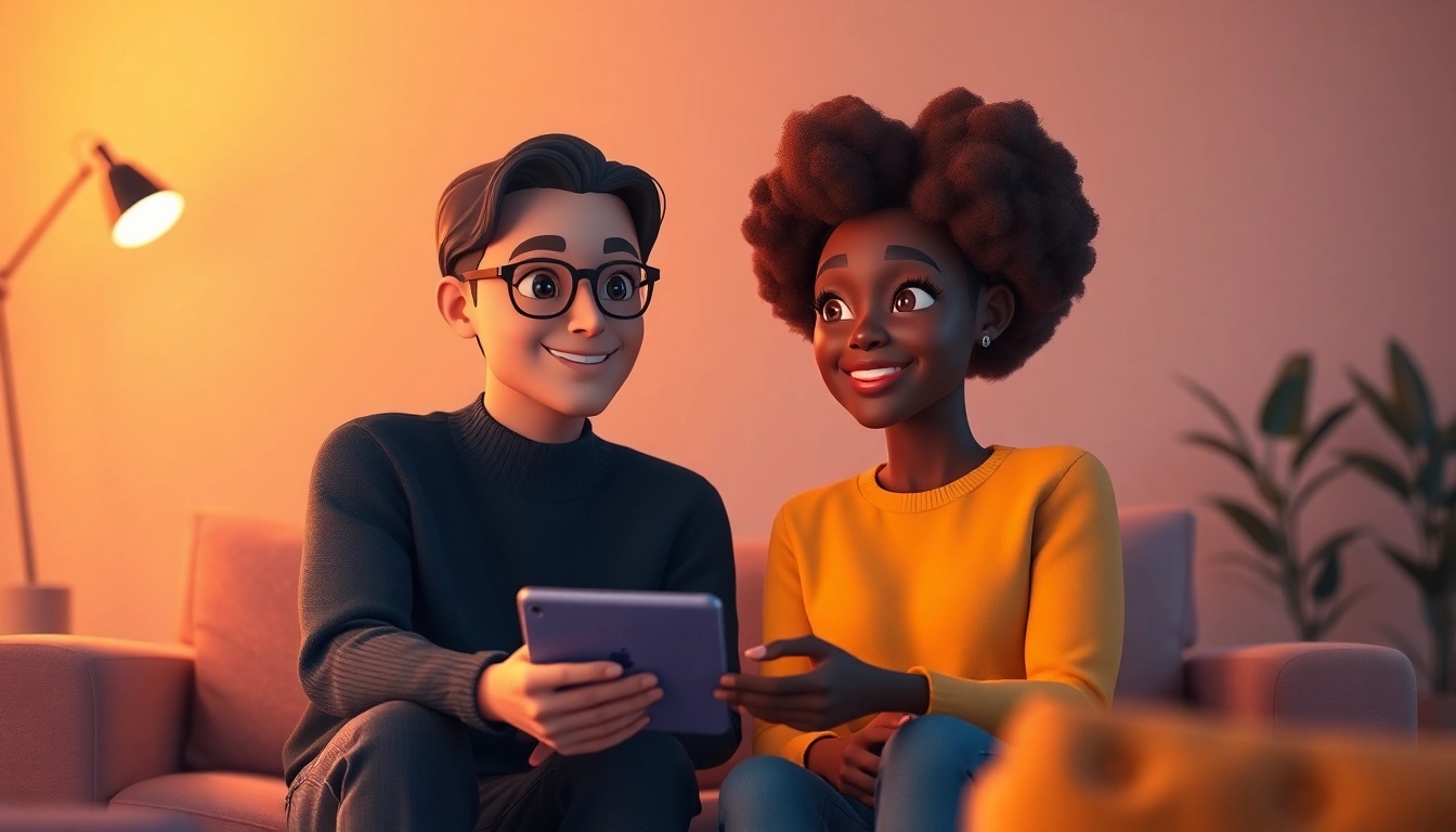 Engaging scene of AI characters in a cozy digital chat, symbolizing sex chat ai interactions.