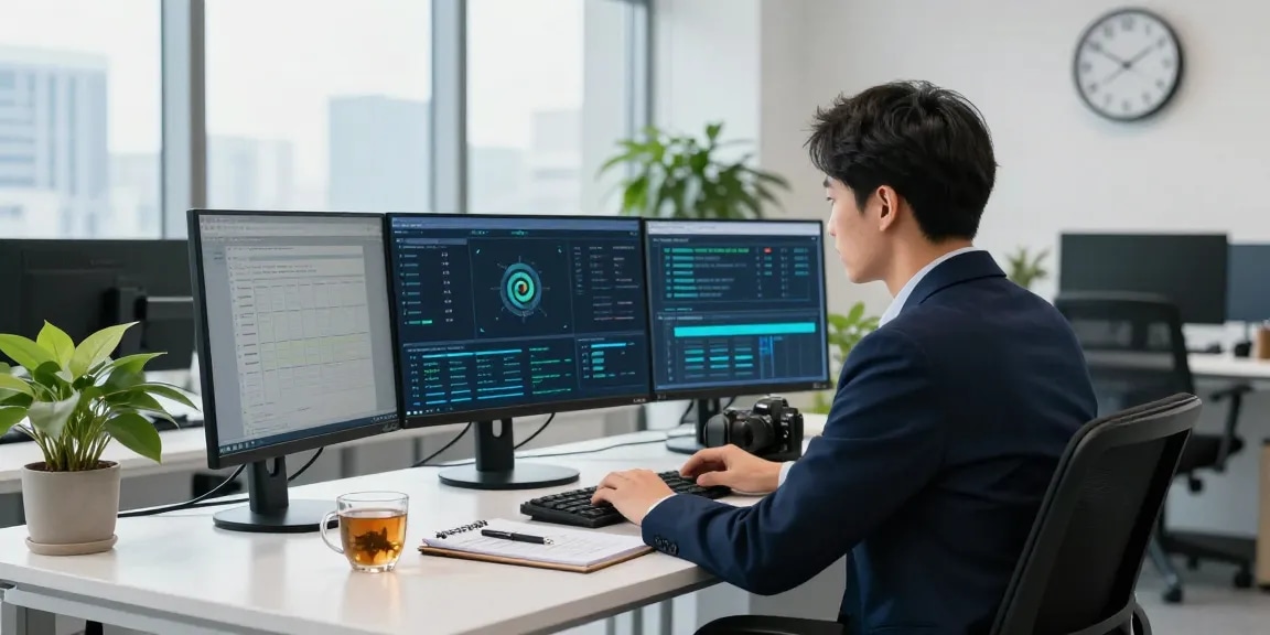Analyzing security protocols at https://shs-dome5.com/ in a modern office setting with monitors displaying cybersecurity data.