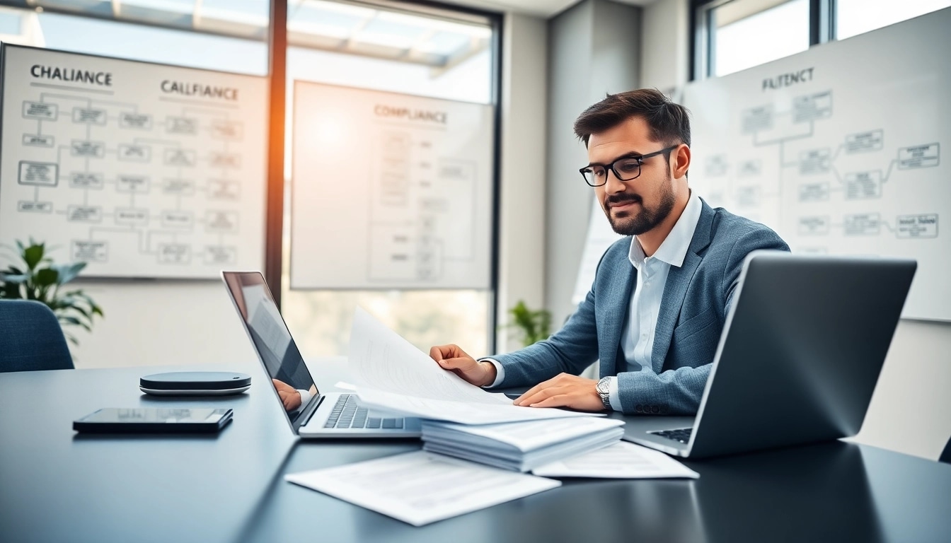Visualizing FCPA/DCAA/Flowdown/ITAR/EAR compliance at a modern office with a consultant reviewing documents.