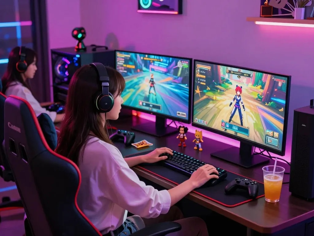 Engaged gamer plays a hentai game in a vibrant, illuminated gaming setup.