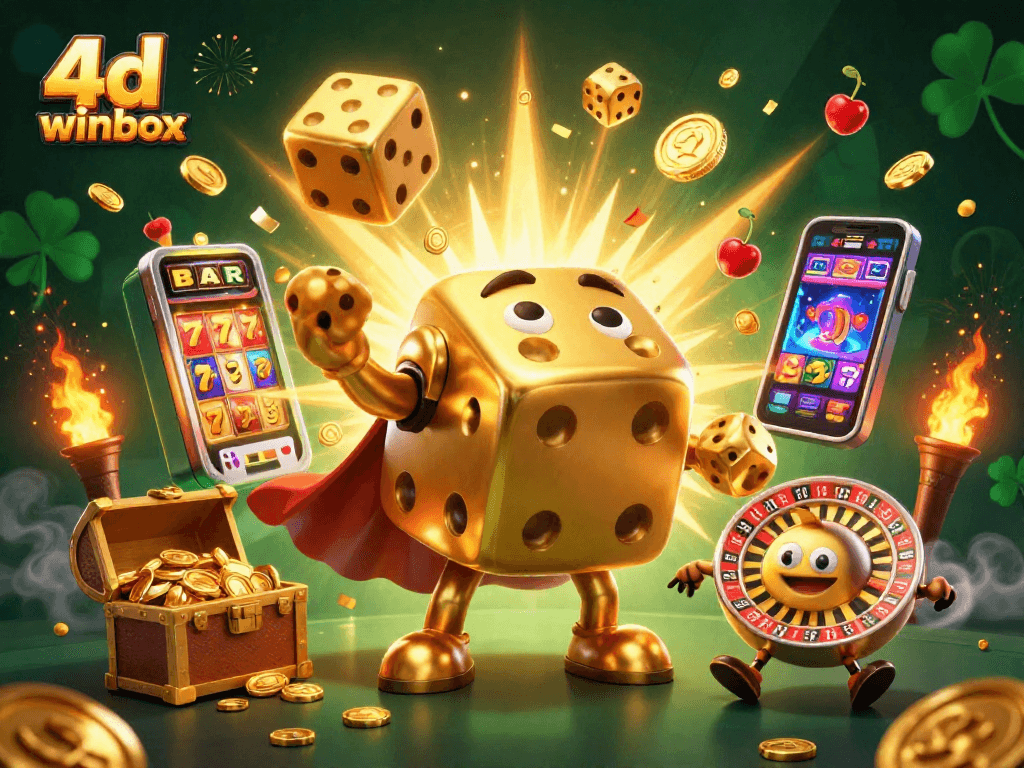 Experience the thrill of 4d winbox with golden dice, jackpot slots, and vibrant casino elements.