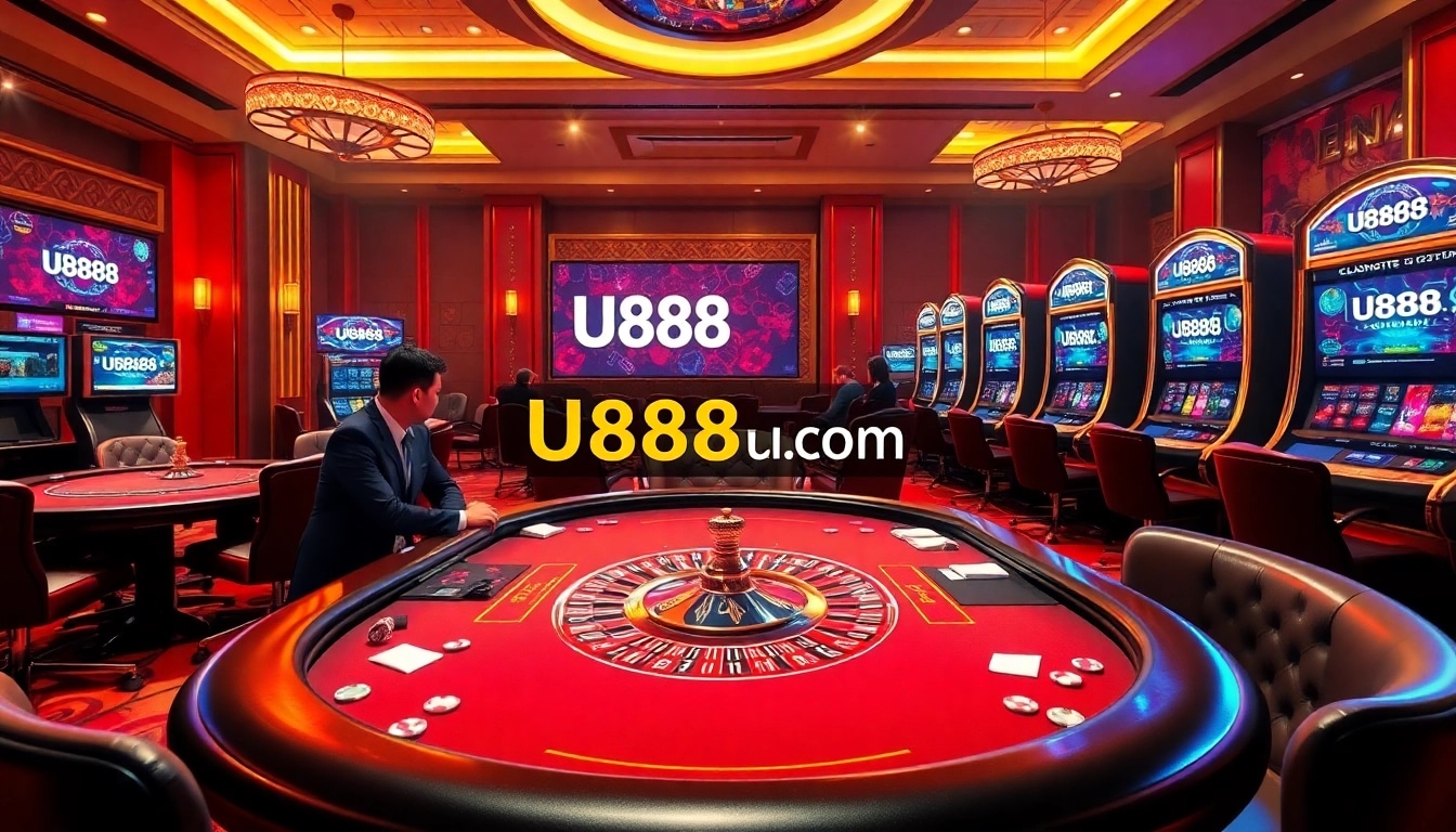 Experience gaming excitement at U888u88.com with a luxurious casino scene featuring poker, roulette, and slot machines.
