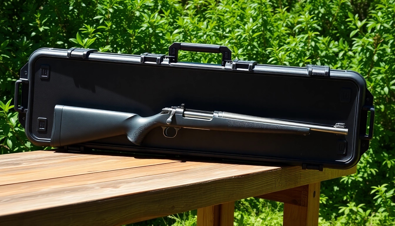 Showcasing a pelican rifle case in an outdoor setting, emphasizing its rugged design and practical use.