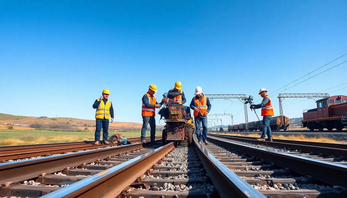 Inspecting railroad maintenance tracks with professionals during daytime.