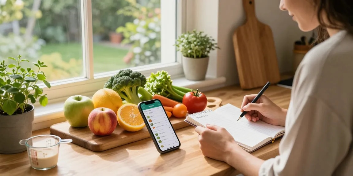 Health-conscious person using the best food tracker app in a sunlit kitchen.