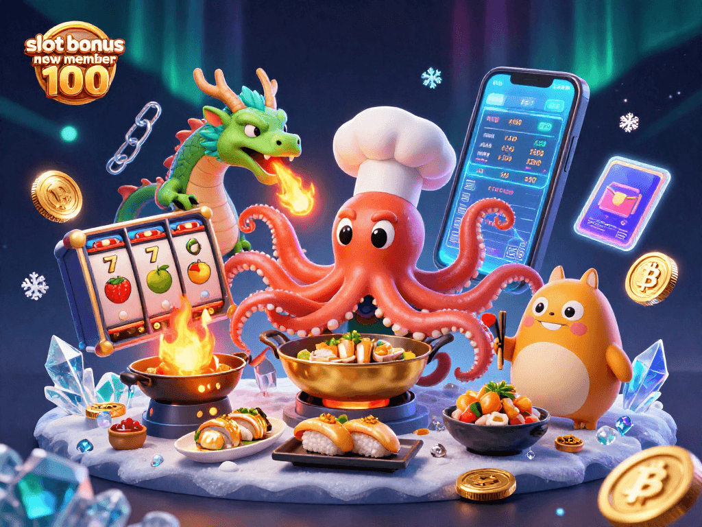 Engage with slot bonus new member 100 as the octopus chef prepares golden dishes surrounded by vibrant digital casino elements.