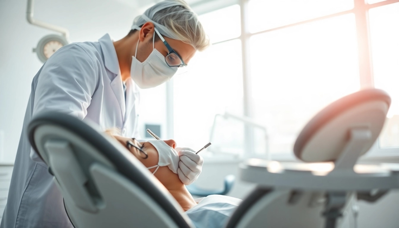 Dentist examining a patient's teeth in a bright clinic setting