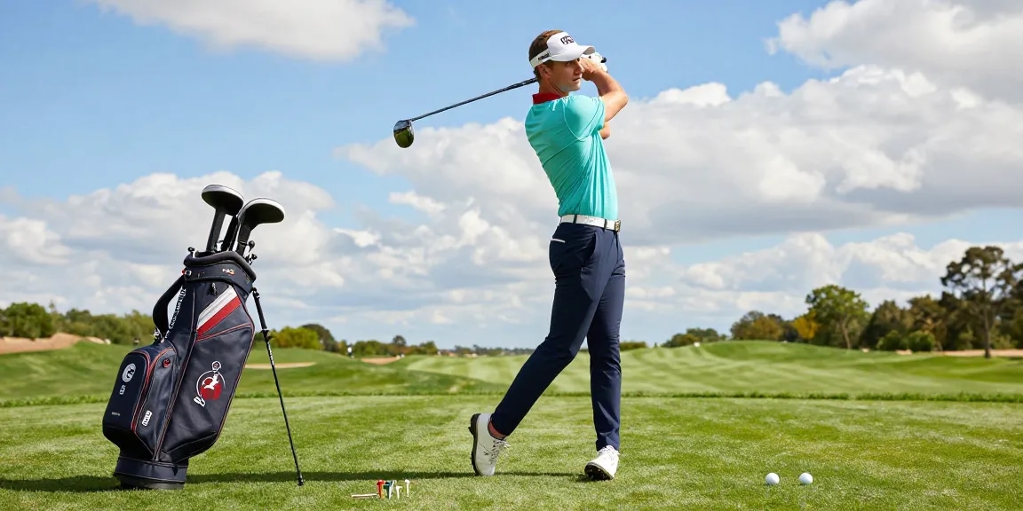 Golfer wearing stylish 골프웨어 레플리카 on the course, ready to swing.