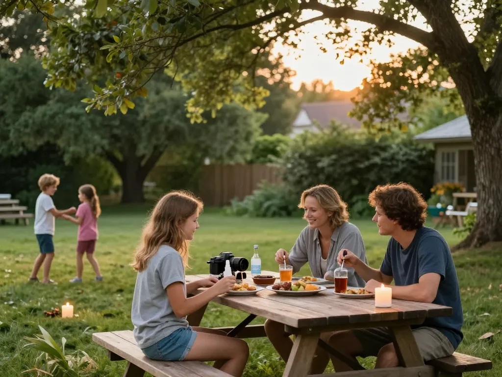 Family enjoying a summer barbecue with mosquito repellent for outdoor protection