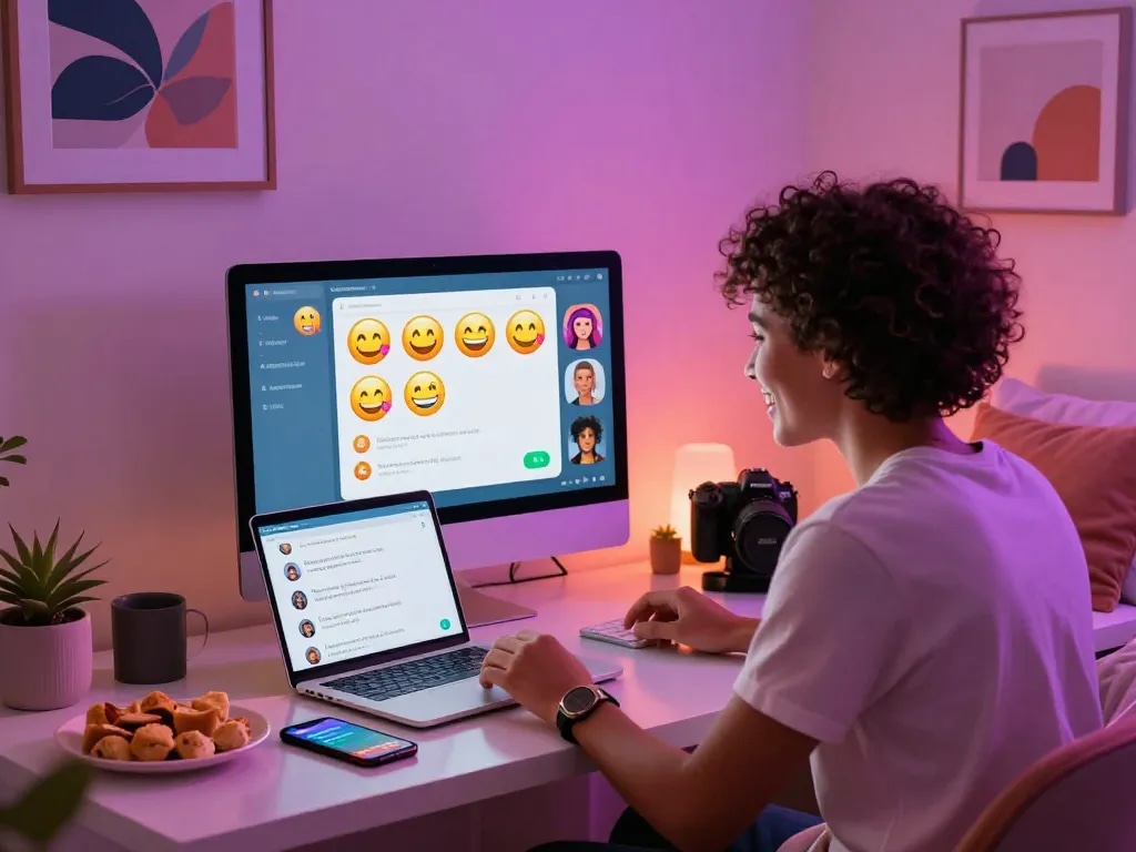 Engaging moment of a couple enjoying ai chat porn experience in a cozy bedroom, showcasing vibrant neon lights and playful technology.
