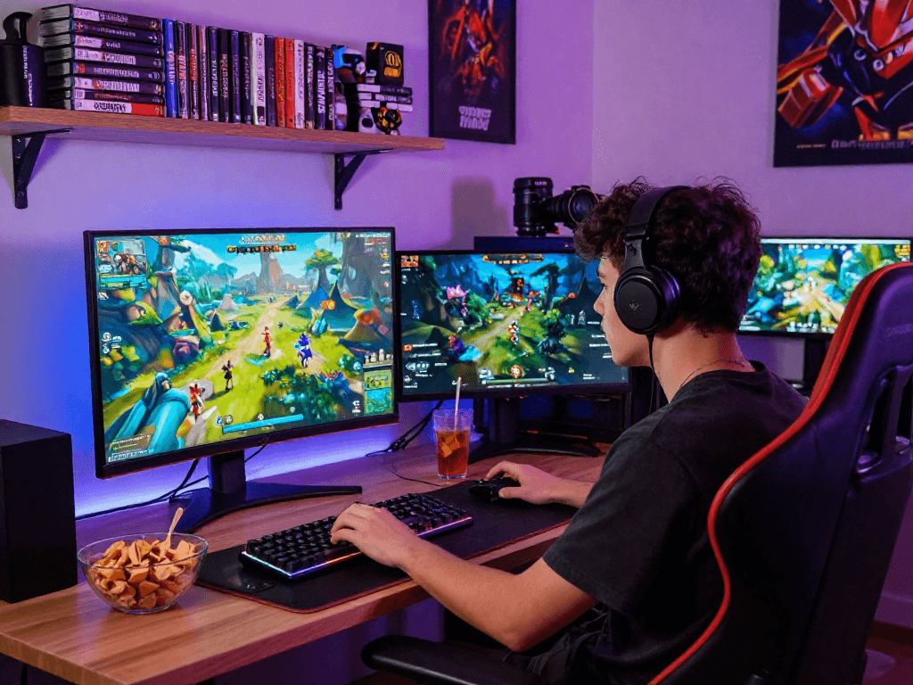 A young gamer at https://rokok88.com immersed in a colorful gaming setup with vibrant lights and engaging elements.
