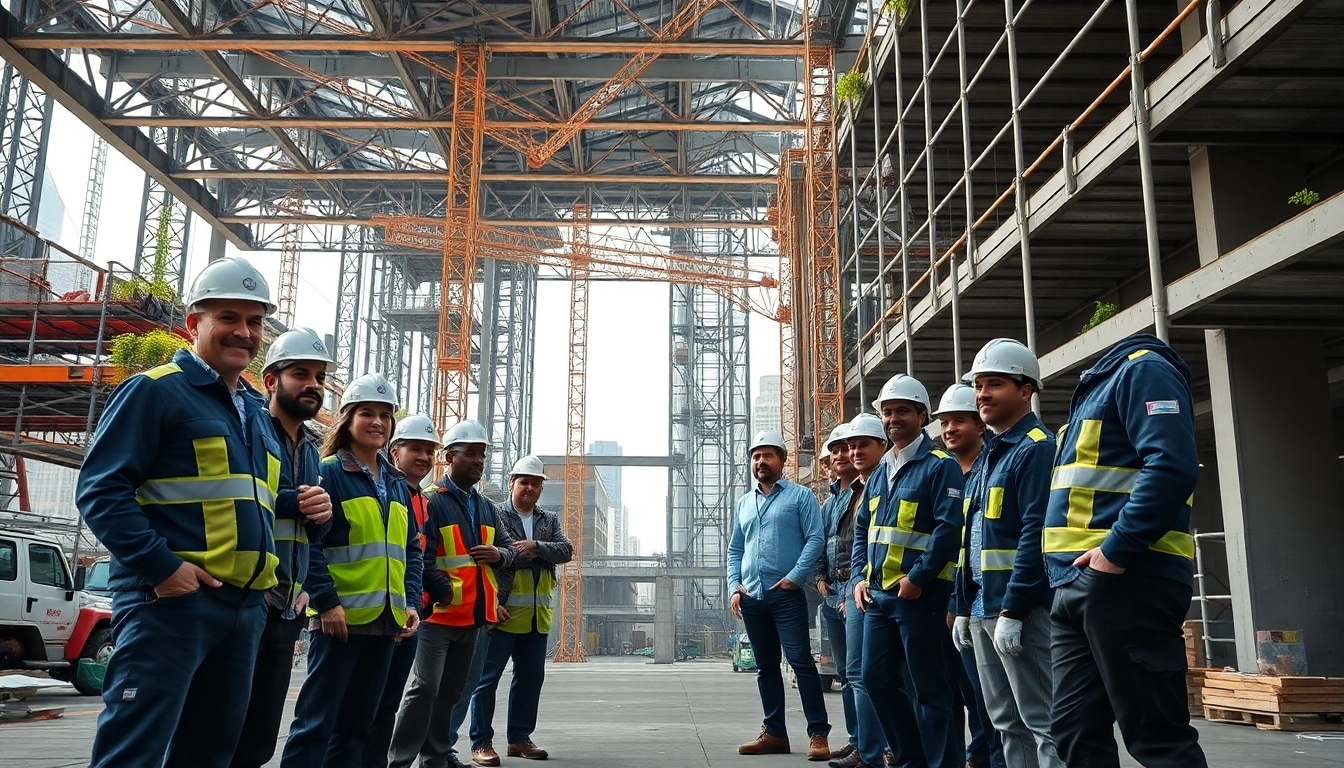 New York Commercial General Contractor overseeing active construction site with diverse team.