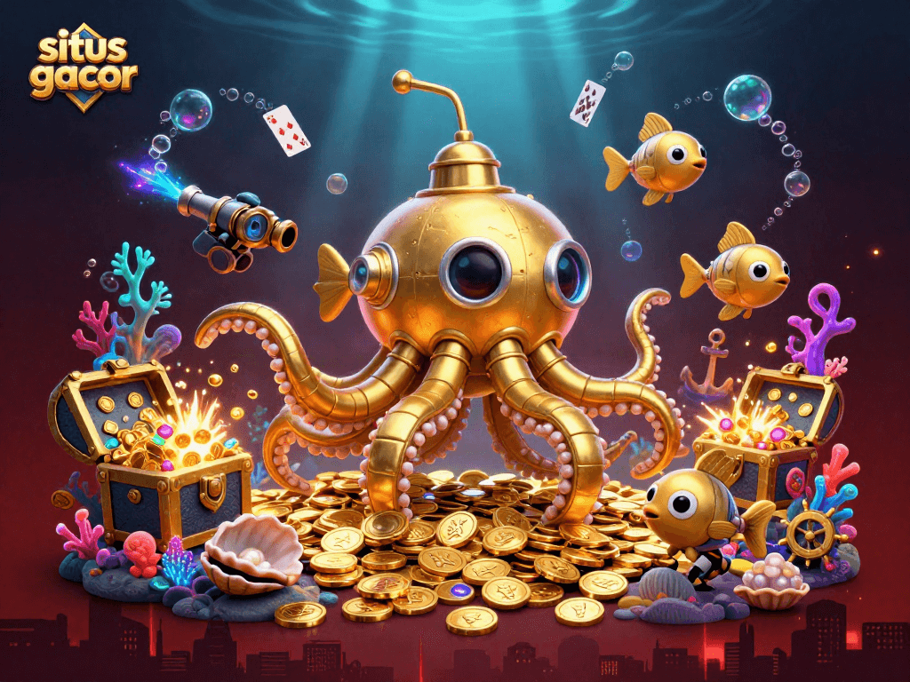 Engage with the exhilarating world of situs gacor casinos featuring a kraken submarine amid treasure.