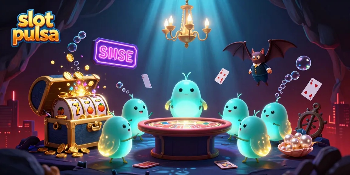 Visualisasi permainan slot pulsa yang menggoda dan penuh warna di kasino gua yang cerah.