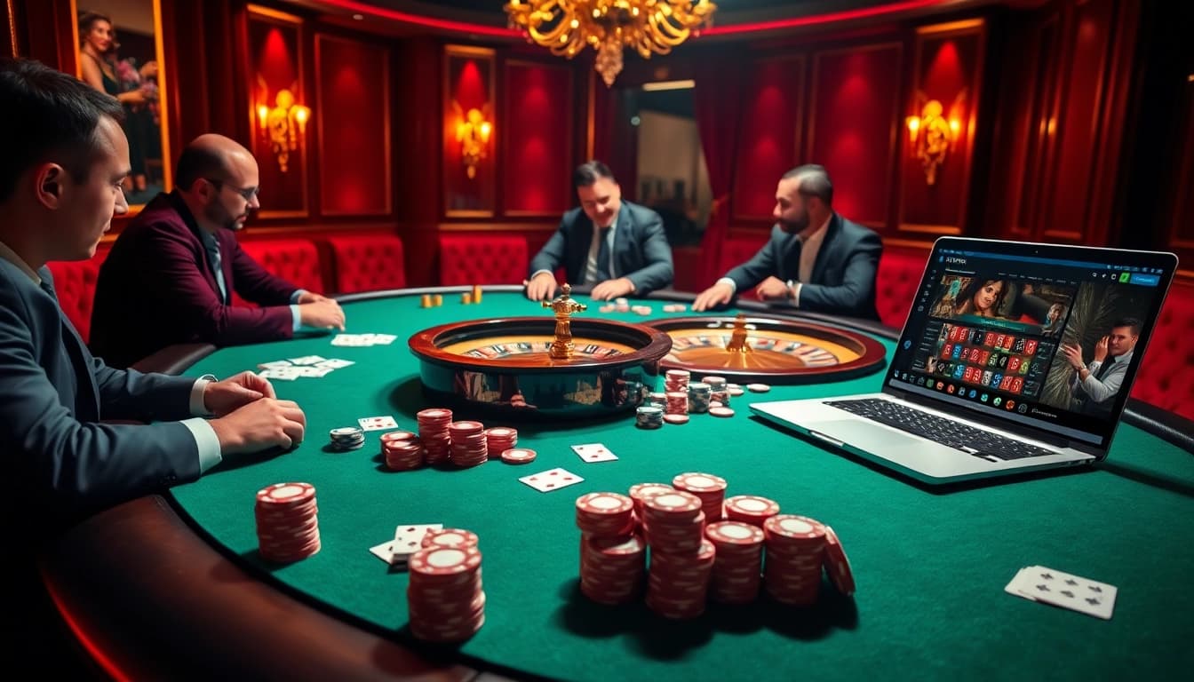 Une scène de jeu de poker à enjeux élevés mettant en avant des éléments de casino en ligne france fiable, présentant des joueurs professionnels, des jetons et un décor luxueux.