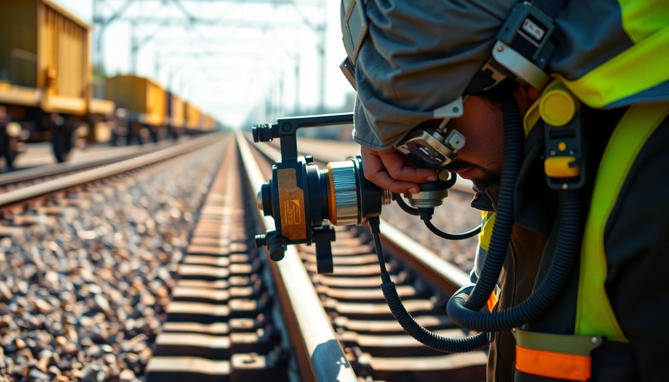 Track Inspectors Near Me assessing railway tracks with specialized equipment in a professional environment.