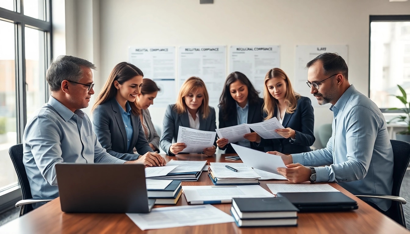 Engaging team discussing FCPA/DCAA/Flowdown/ITAR/EAR compliance strategies in a bright office.