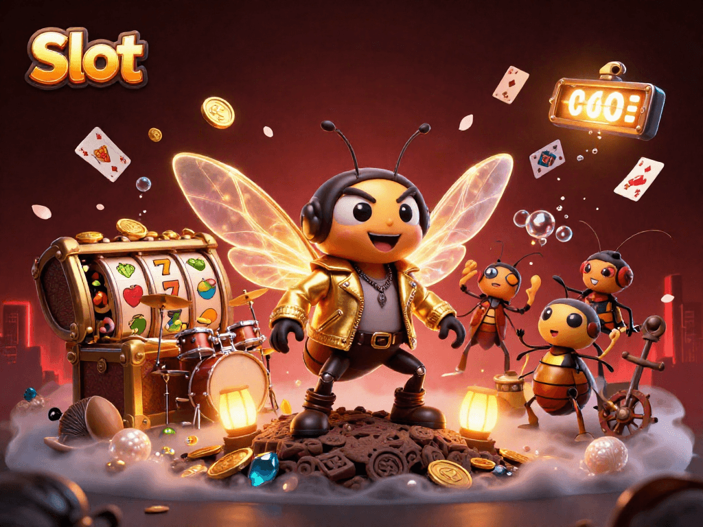 Experience thrilling Slot action with a vibrant scene of a cicada rock star and dynamic gaming elements.