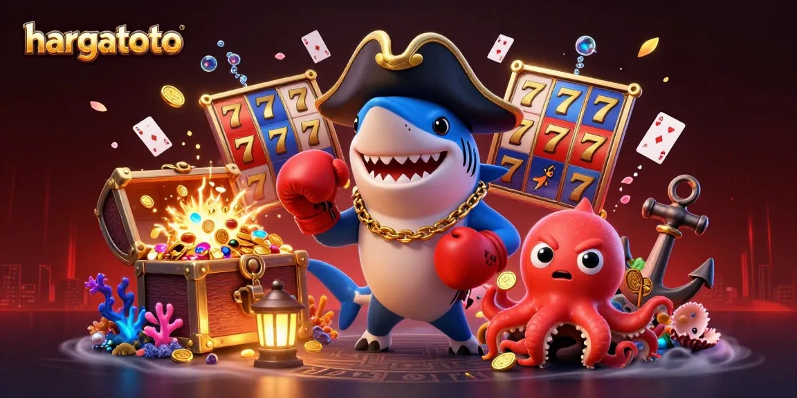 Engage in exciting games at hargatoto with a dynamic scene of characters and casino elements.