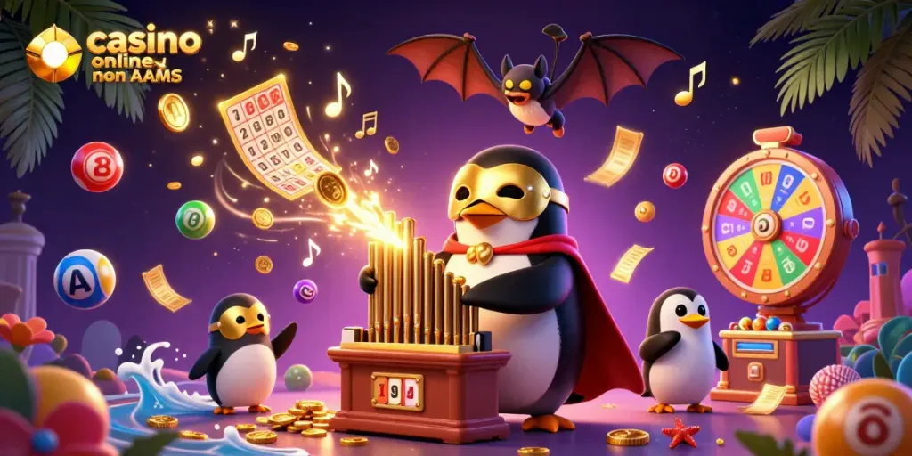 Giocando ai casino online non AAMS, il pinguino dell'opera evoca monete dorate e giochi entusiasmanti
