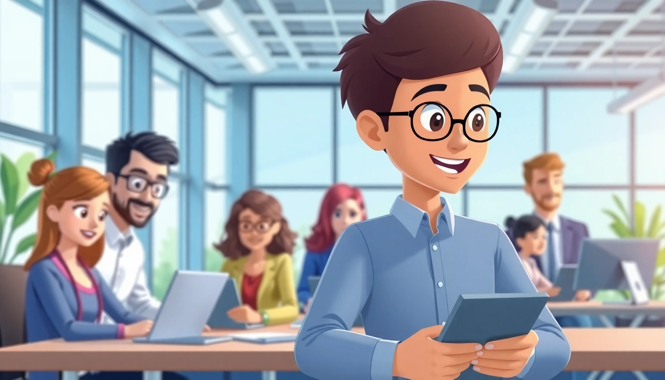 Unternehmensanimation visualizes teamwork in a modern office, showcasing creativity and collaboration.